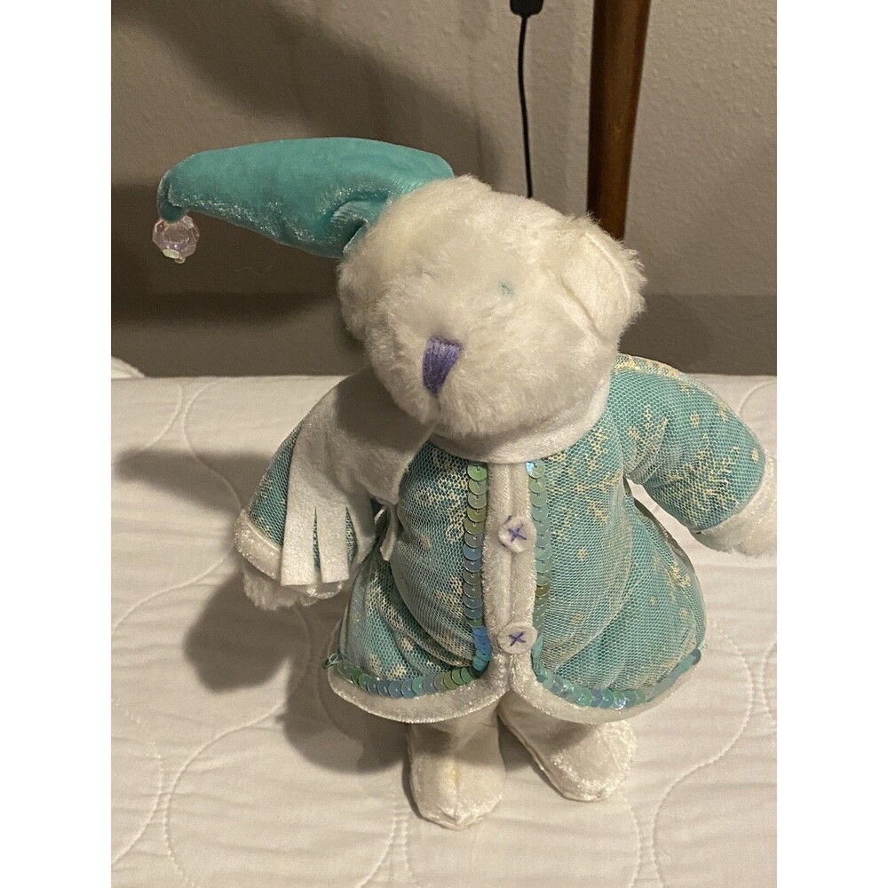 Teddy Bear Standing White Christmas Bear Dressed in Green with Green Eyes